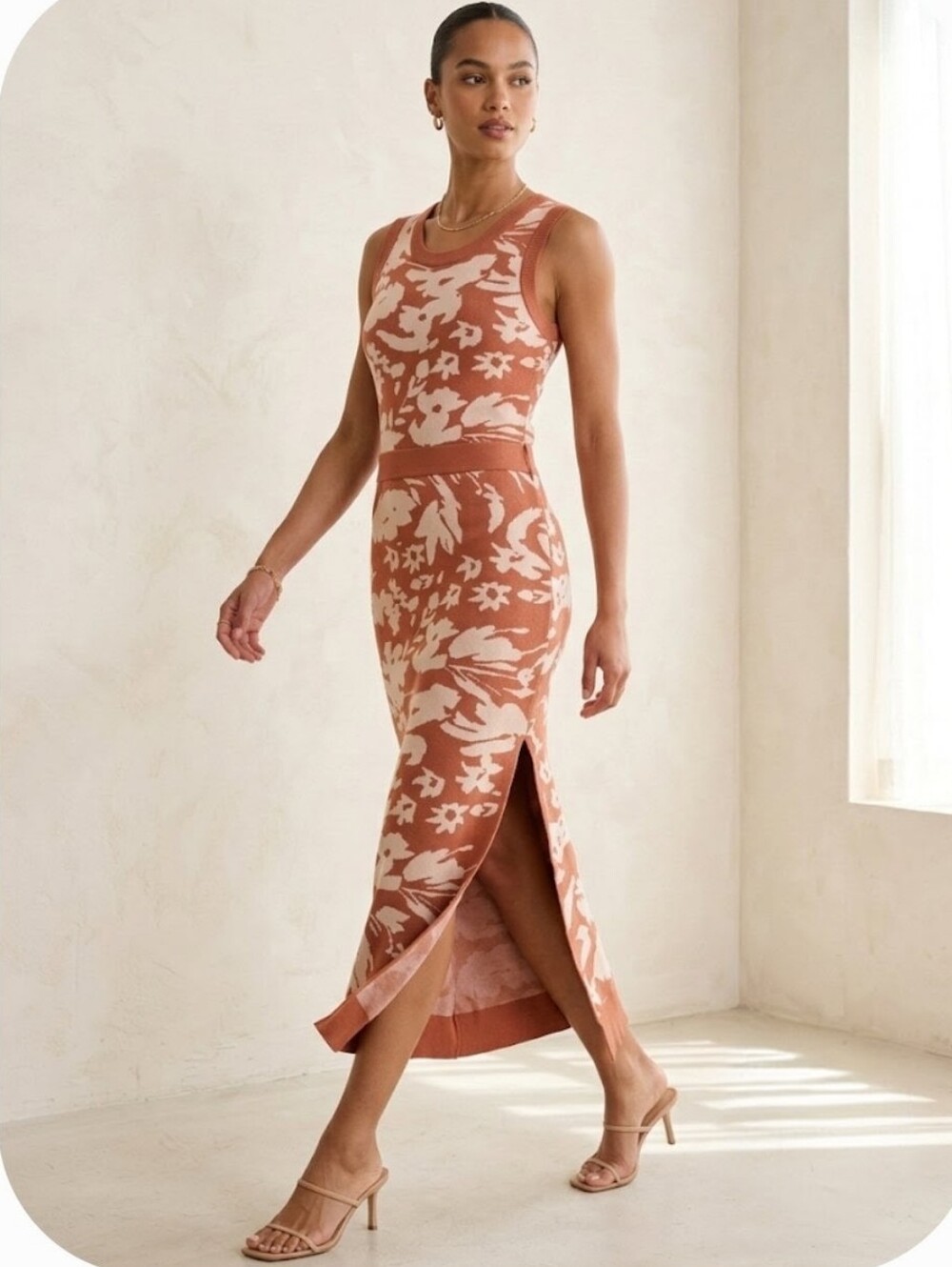 Lost + Wander Aurora Knit Floral Midi Dress Belted Terracotta Cream